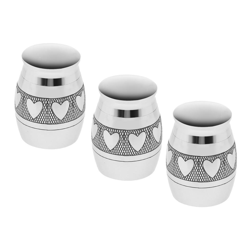 3 Piece Heart Print Stainless Steel Cremation Urn Ash Memorial Container Jar