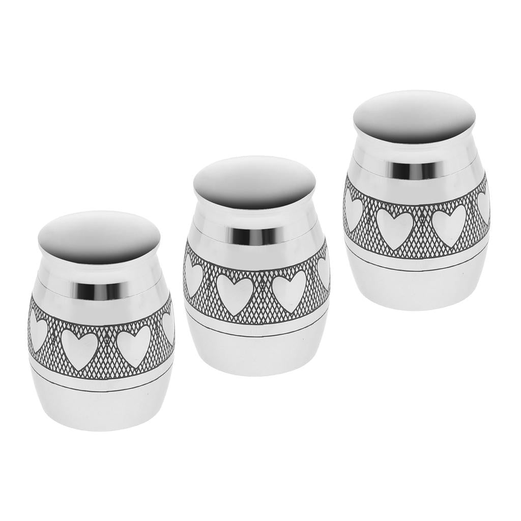 3 Piece Heart Print Stainless Steel Cremation Urn Ash Memorial Container Jar