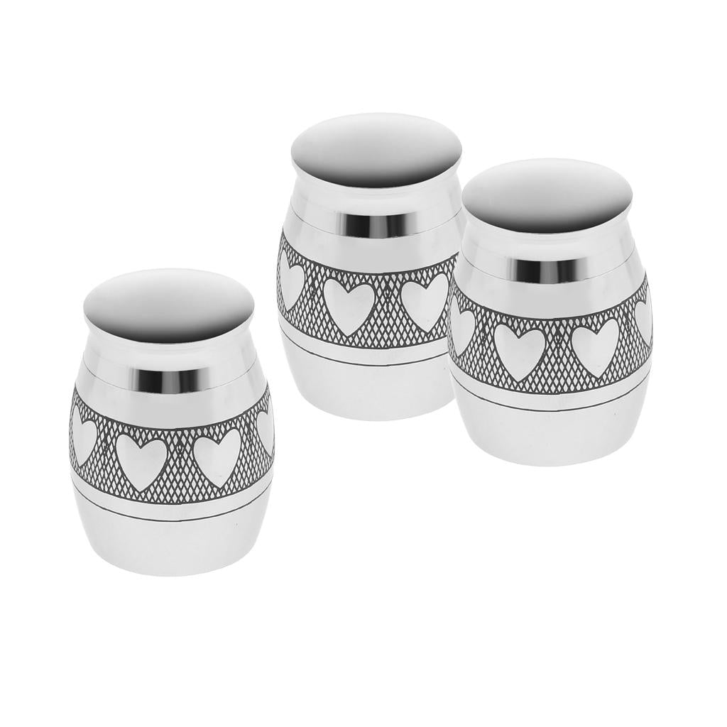 3 Piece Heart Print Stainless Steel Cremation Urn Ash Memorial Container Jar