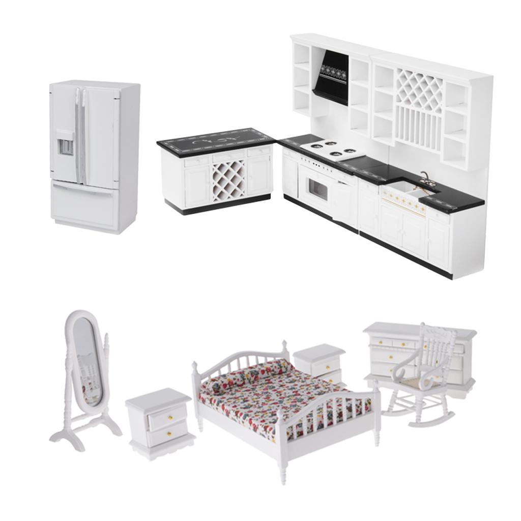 1/12 Dollhouse Miniature Wooden Kitchen Cabinet Set & Bedroom Furniture Accs