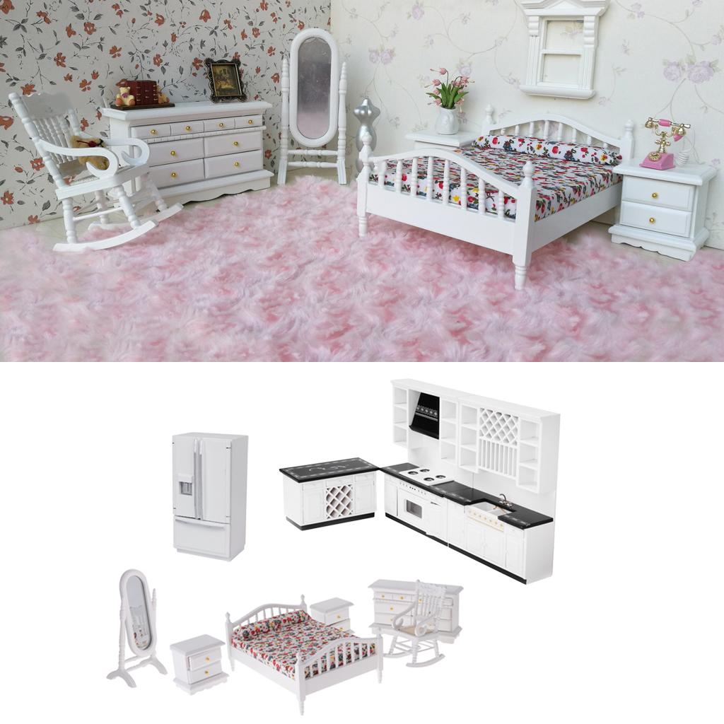 1/12 Dollhouse Miniature Wooden Kitchen Cabinet Set & Bedroom Furniture Accs