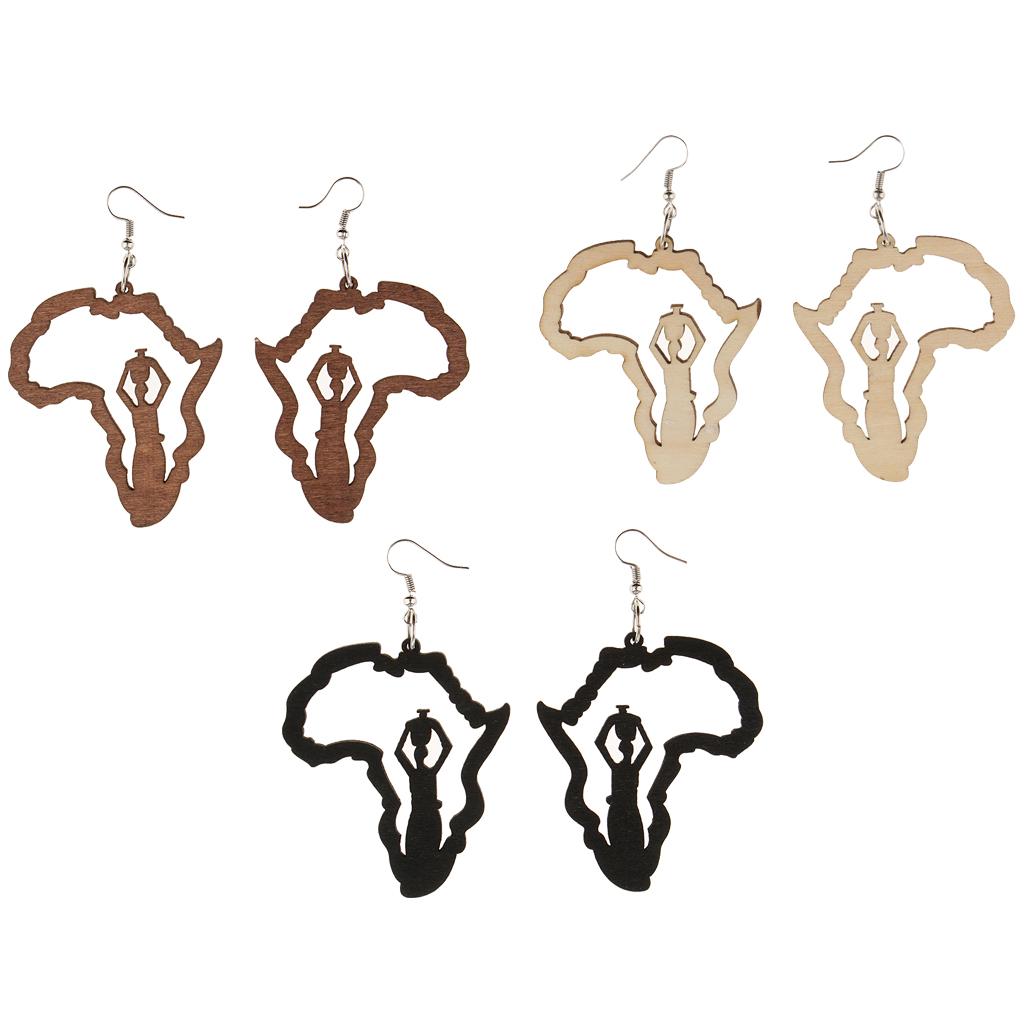 3 Pairs Vintage Ethnic Natural Women Wooden African Map Tribal Drop Earrings