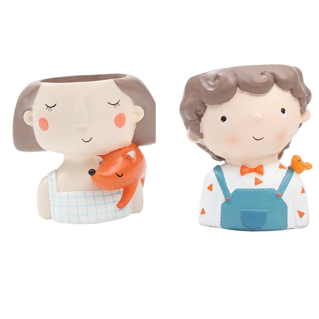 2Pcs Resin Girl Boys Succulent Planter Bonsai Pot Flowerpot Home Decor Set A