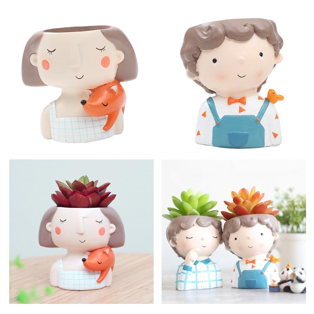 2Pcs Resin Girl Boys Succulent Planter Bonsai Pot Flowerpot Home Decor Set A