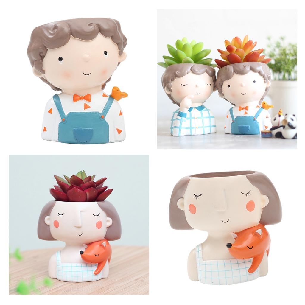 2Pcs Resin Girl Boys Succulent Planter Bonsai Pot Flowerpot Home Decor Set A