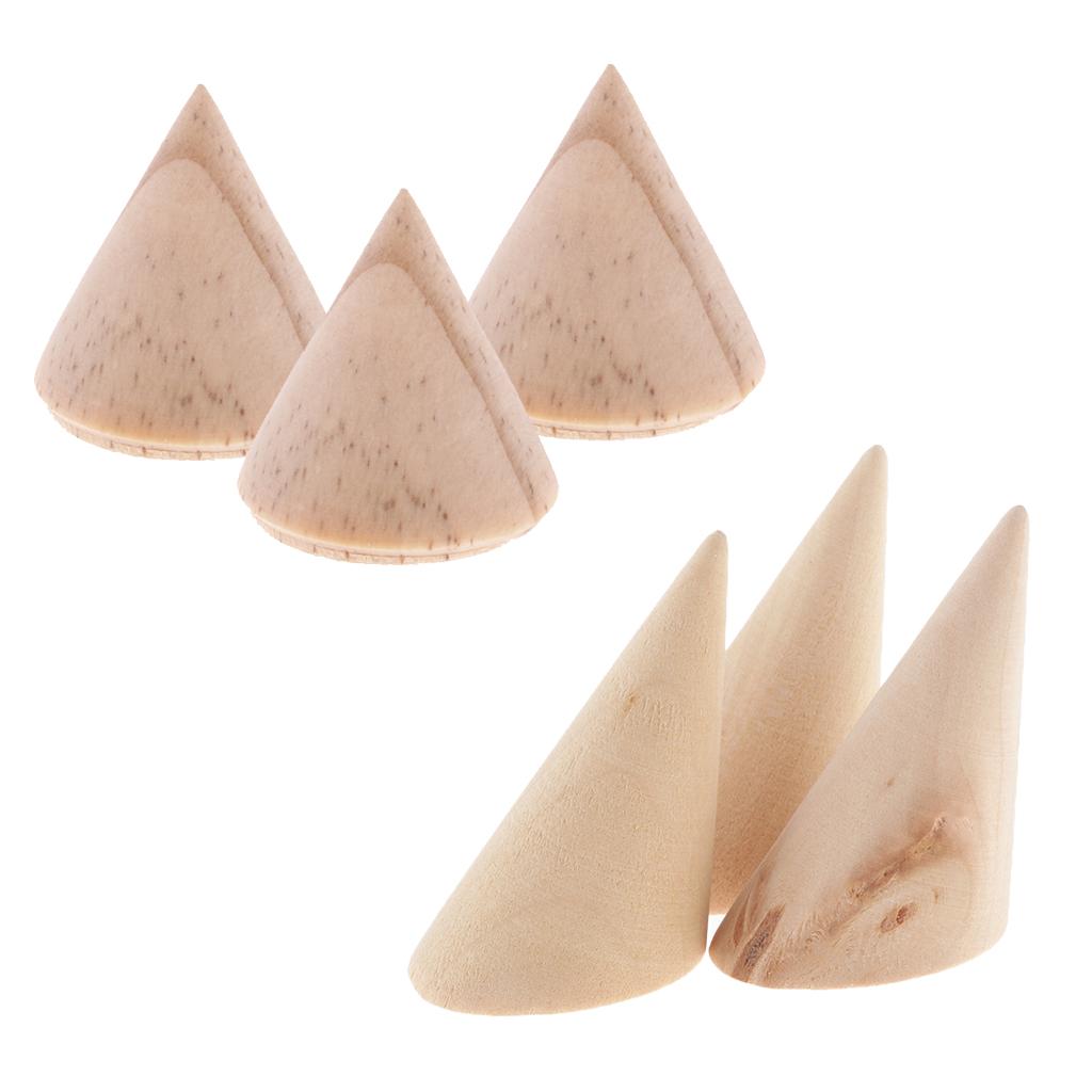 6 Pieces Natural Unpainted Cone Wooden Ring Display Rack Showcase 3/5.6cm