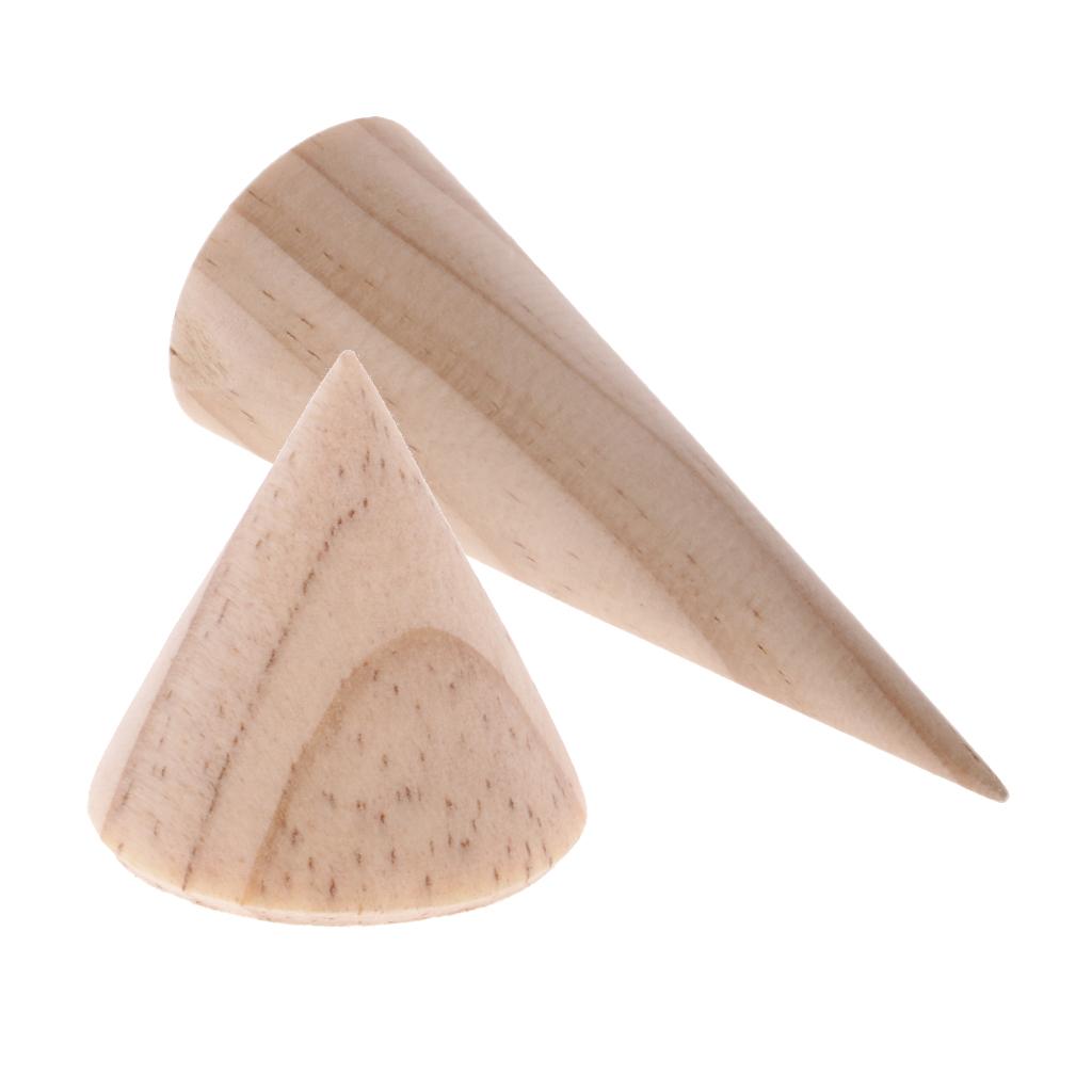 2 Pieces Unpainted Cone Shape Wooden Ring Jewelry Display Stand Rack 3cm 8cm