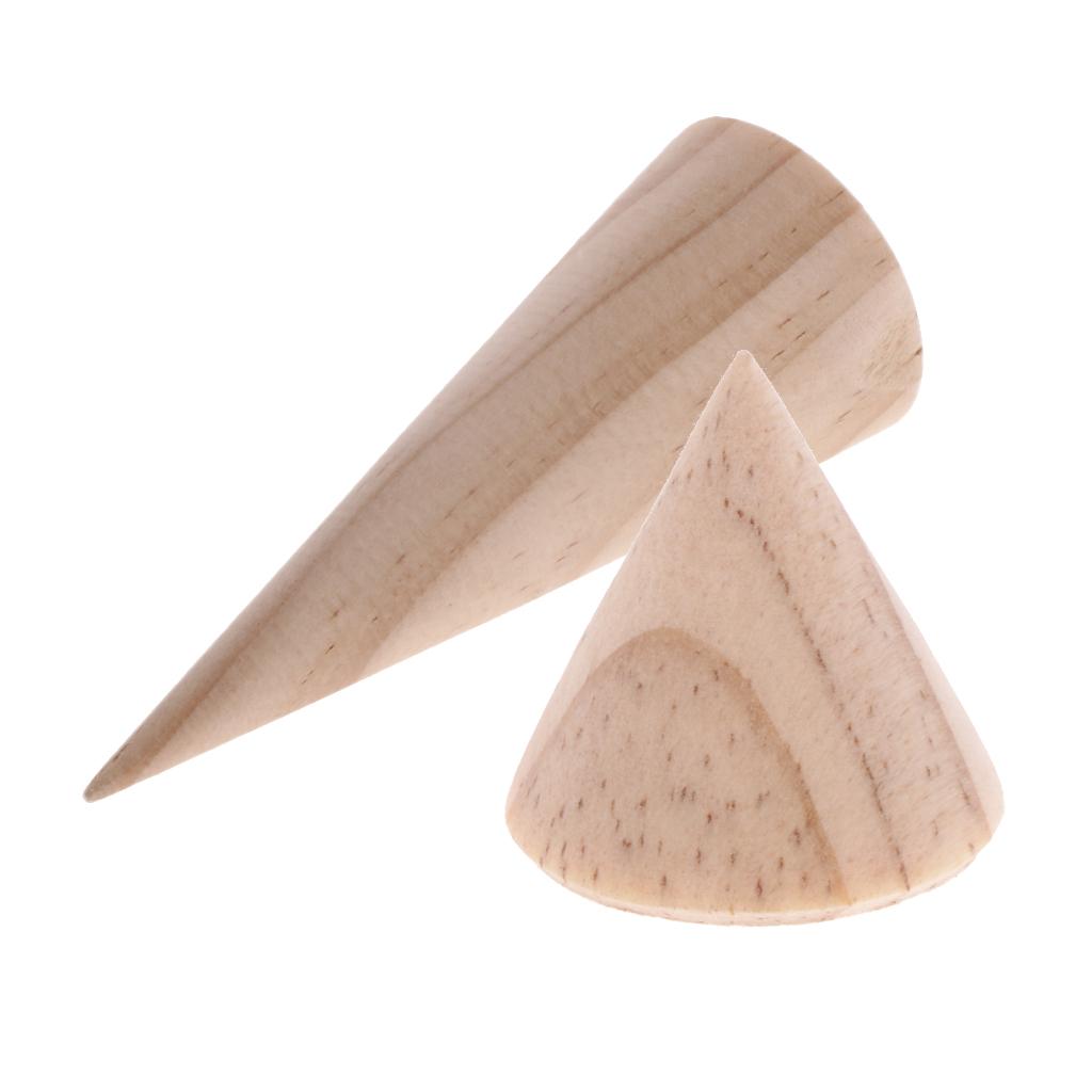 2 Pieces Unpainted Cone Shape Wooden Ring Jewelry Display Stand Rack 3cm 8cm