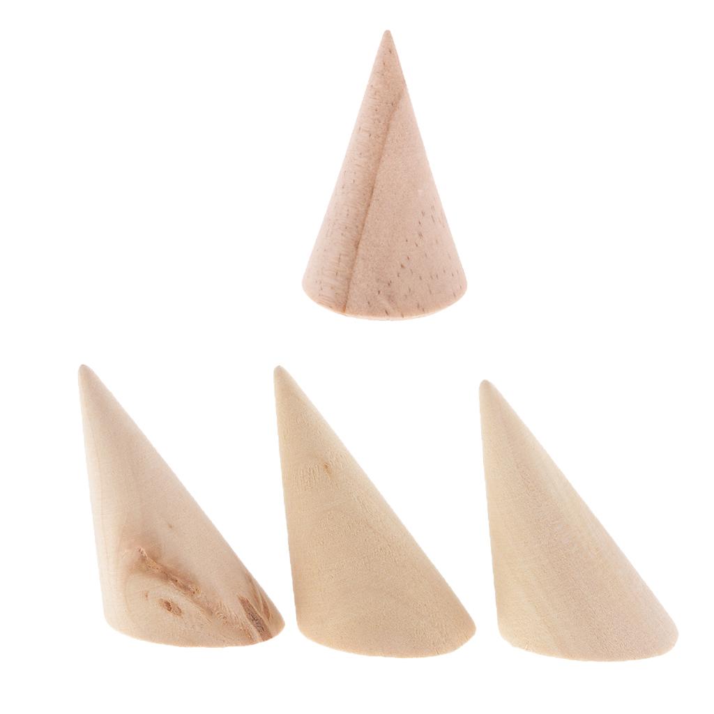 4pcs Unpainted Plain Cone Wooden Ring Jewelry Display Stand Organize Holder