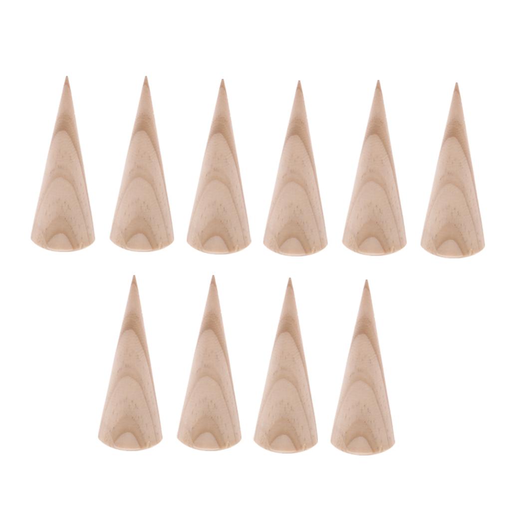10 Pieces Unpainted Cone Wooden Ring Jewelry Display Stand Holder 3 x 8 cm