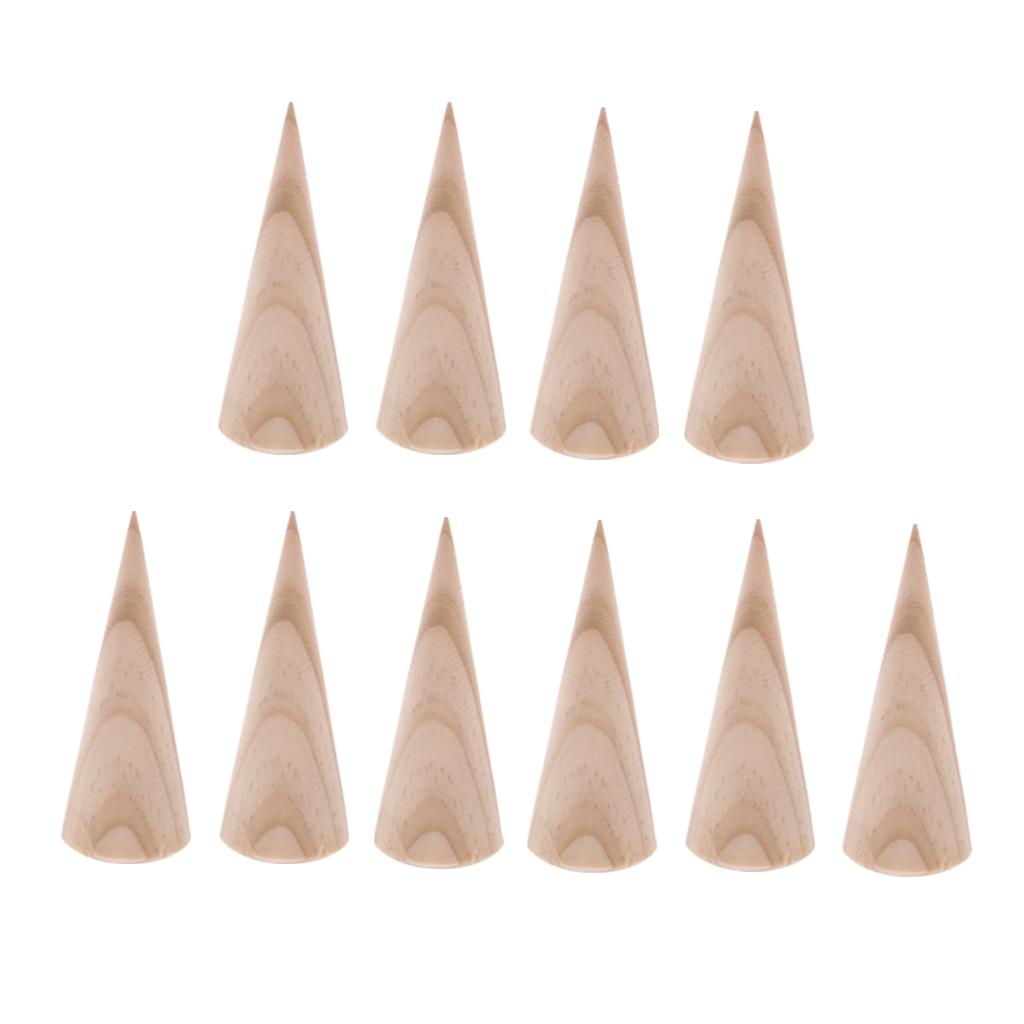 10 Pieces Unpainted Cone Wooden Ring Jewelry Display Stand Holder 3 x 8 cm