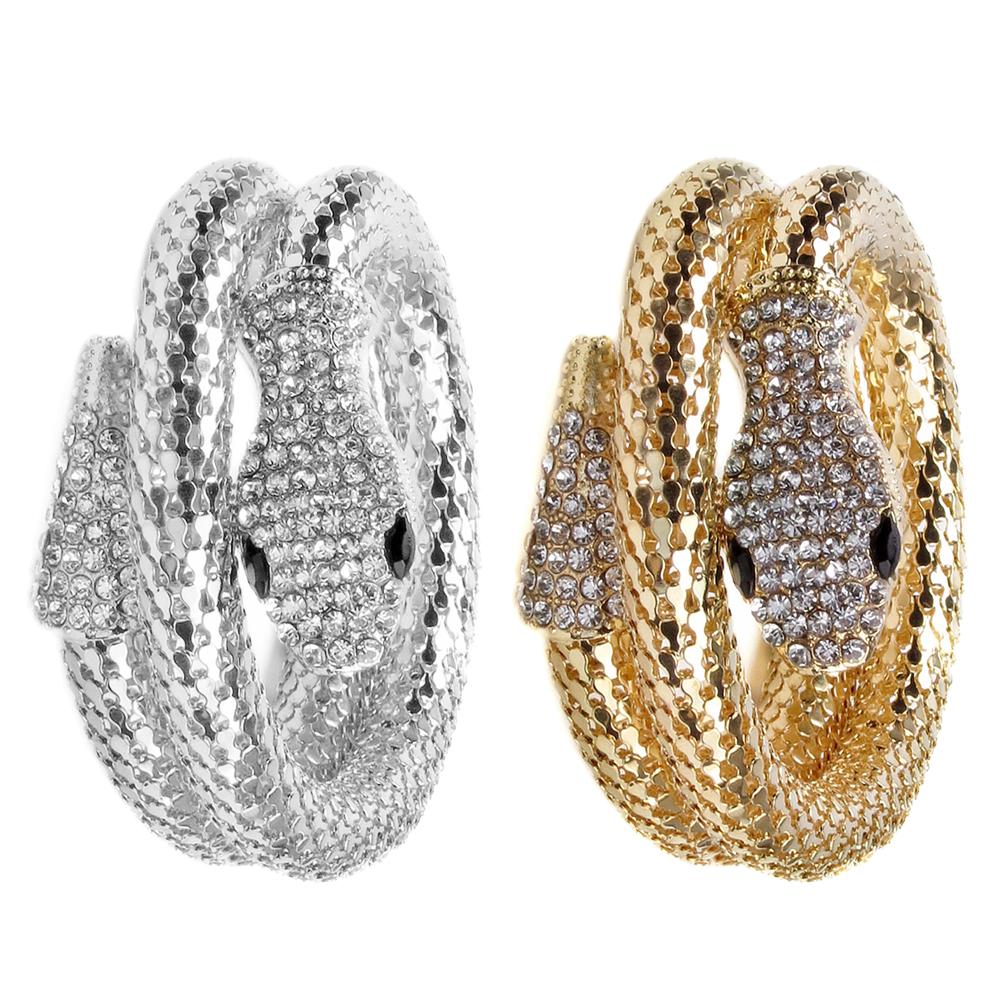 2 Pcs Women Punk Rhinestone Snake Curved Chunky Stretch Bangle Cuff Bracelet