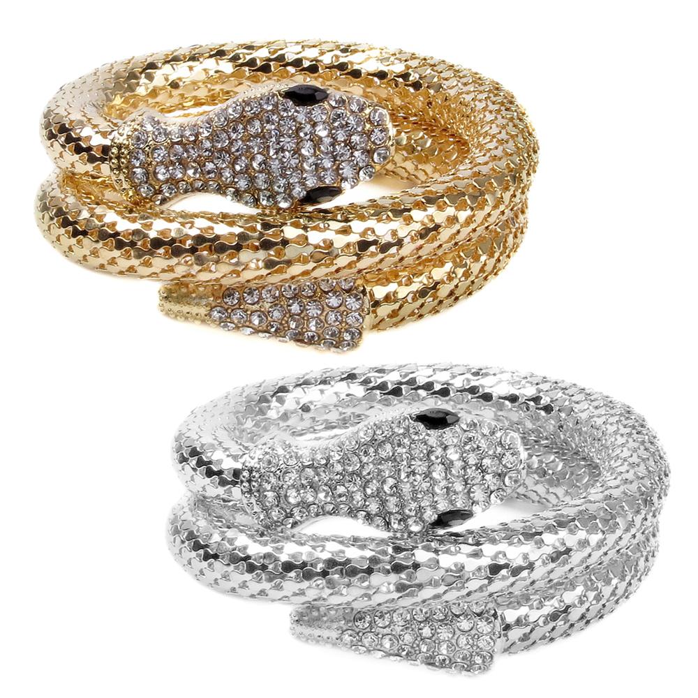 2 Pcs Women Punk Rhinestone Snake Curved Chunky Stretch Bangle Cuff Bracelet