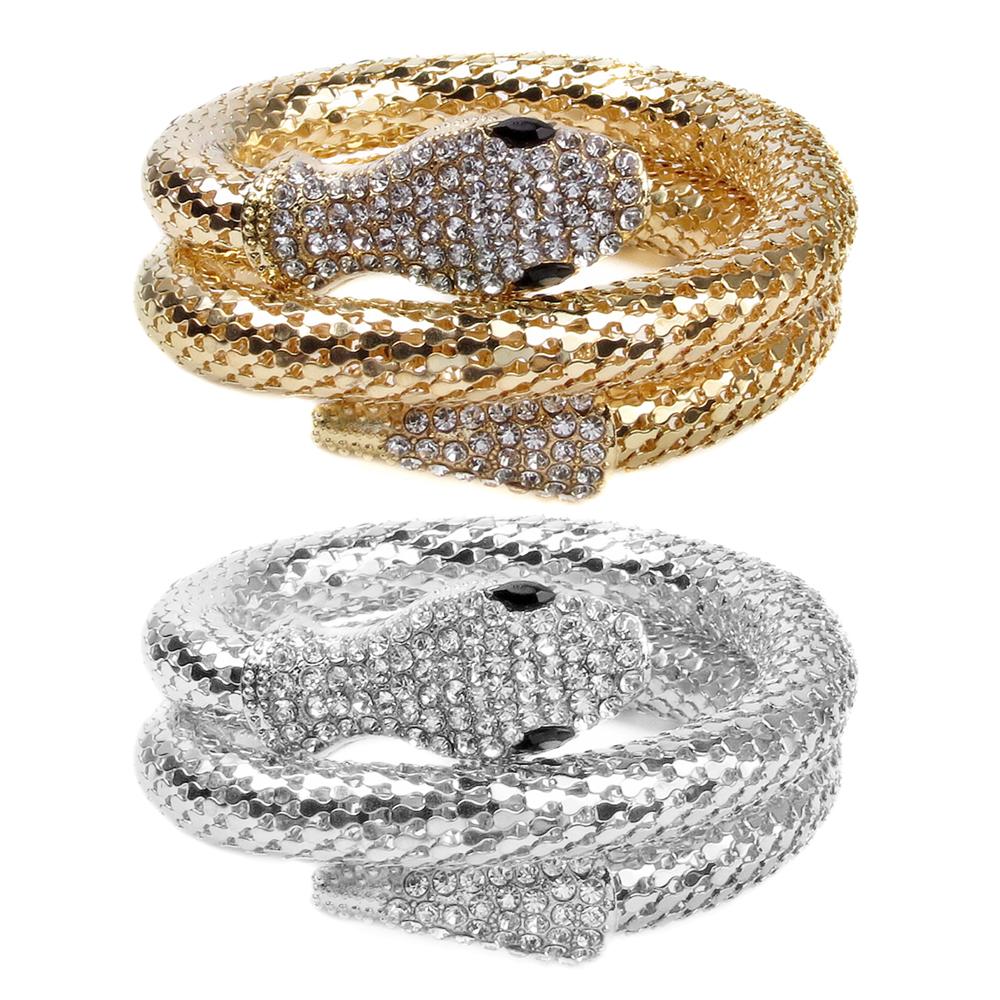 2 Pcs Women Punk Rhinestone Snake Curved Chunky Stretch Bangle Cuff Bracelet
