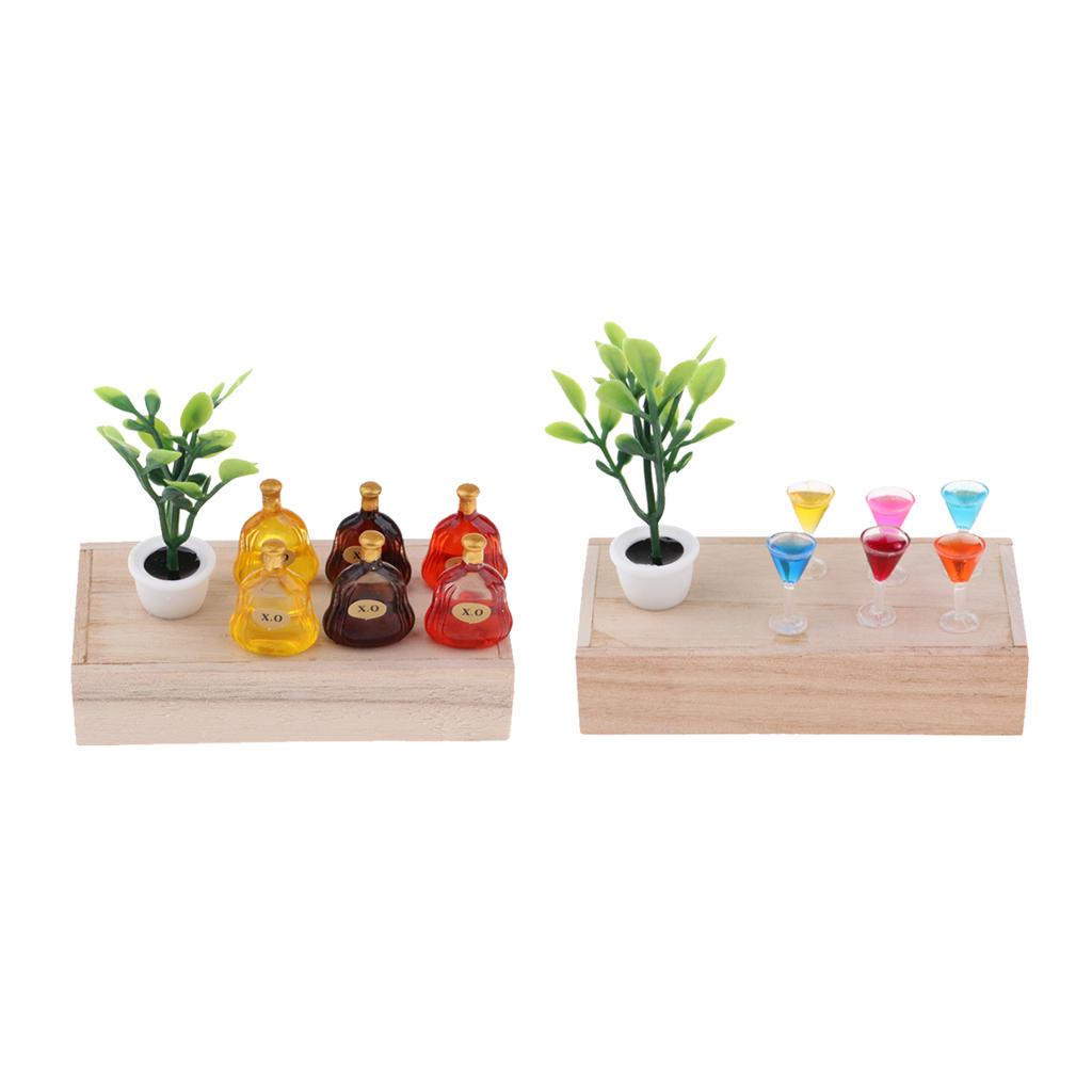1/12 Dollhouse Mini Wooden Box Green Plant Wine Glass Scene Model Decor