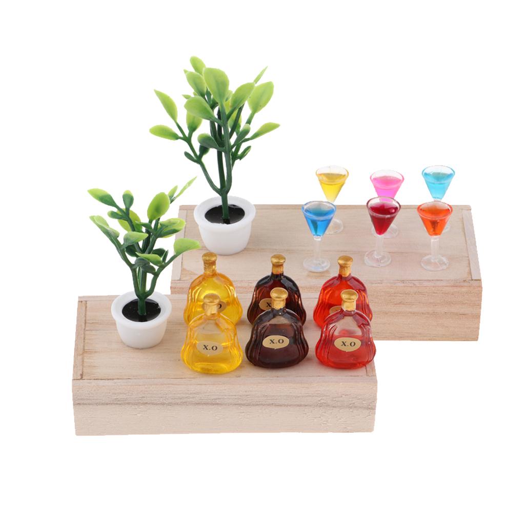 1/12 Dollhouse Mini Wooden Box Green Plant Wine Glass Scene Model Decor