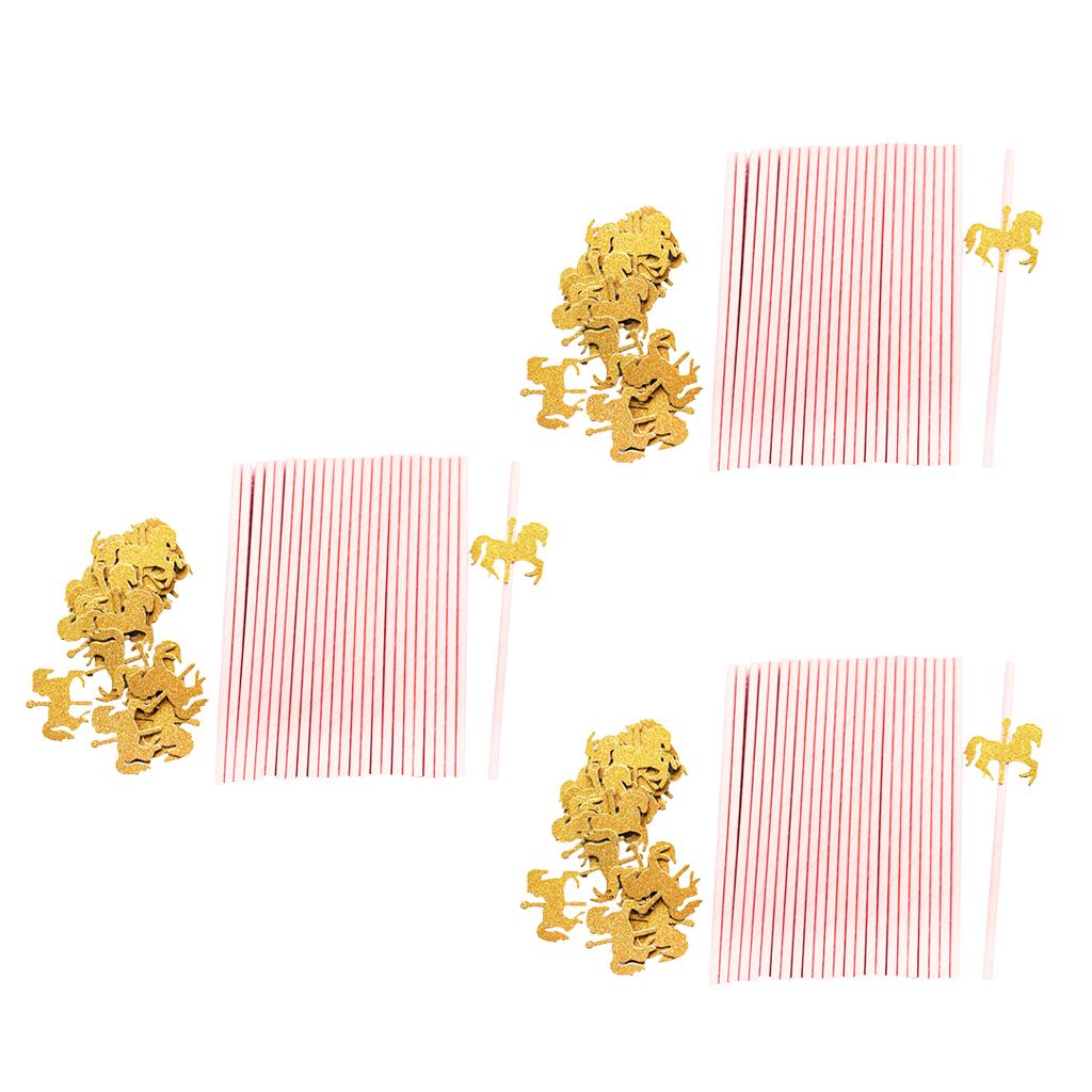 75x Pink Paper Straws with Gold Glitter Unicorn for Kid Birthday Party Decor