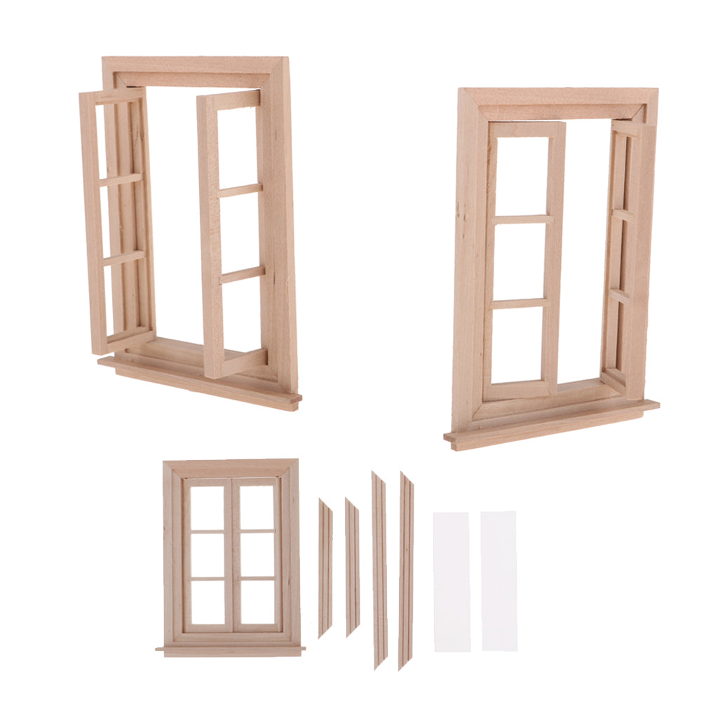 3 Pieces 1/12 Dollhouse Miniature Unpainted Wood 6 Pane Double Window Frame