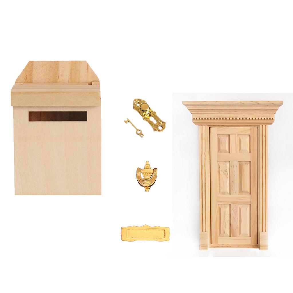 1:12 Dolls House Miniature Natural Wood Color Wooden Door & Mailbox