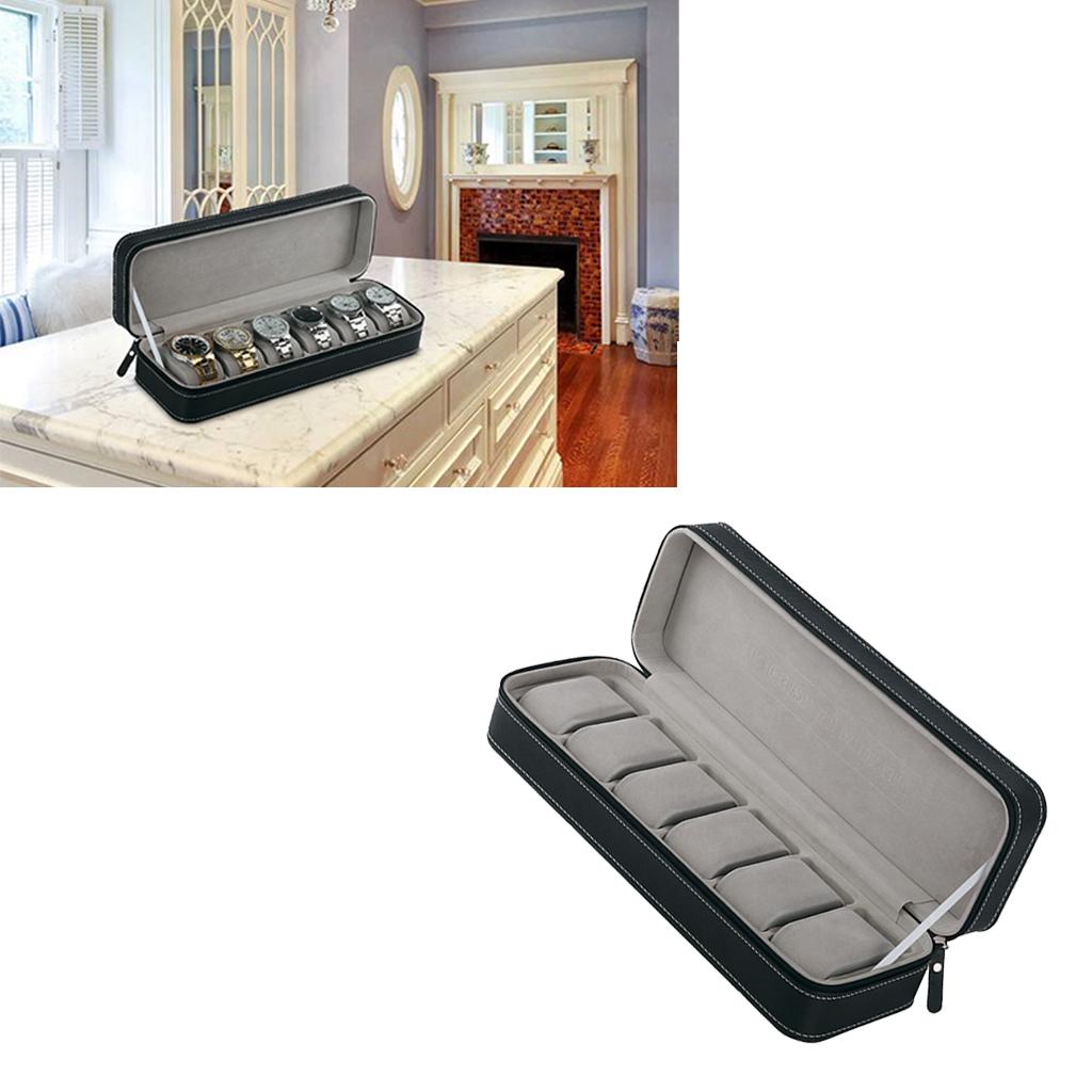 2pcs Black PU Leather 6 Slot Zipper Watch Box Display Case Organizer Storage