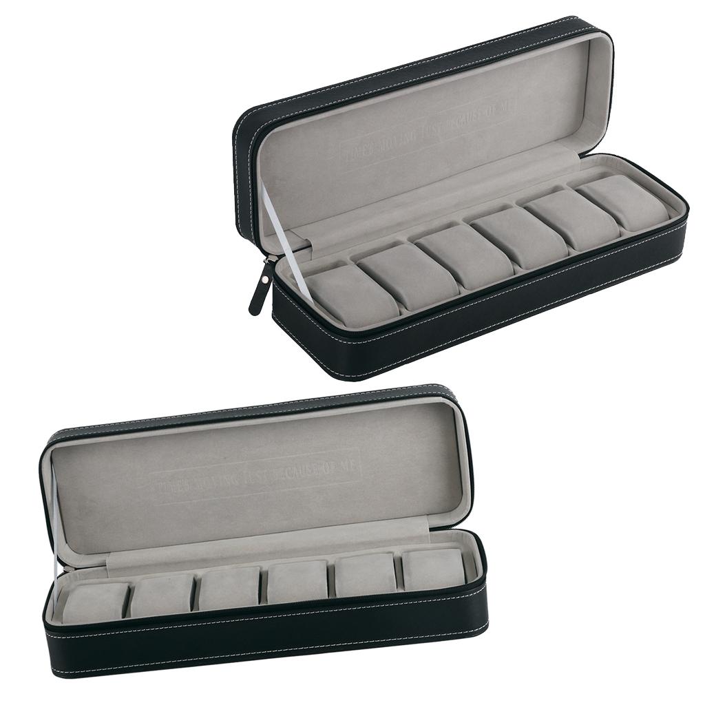 2pcs Black PU Leather 6 Slot Zipper Watch Box Display Case Organizer Storage