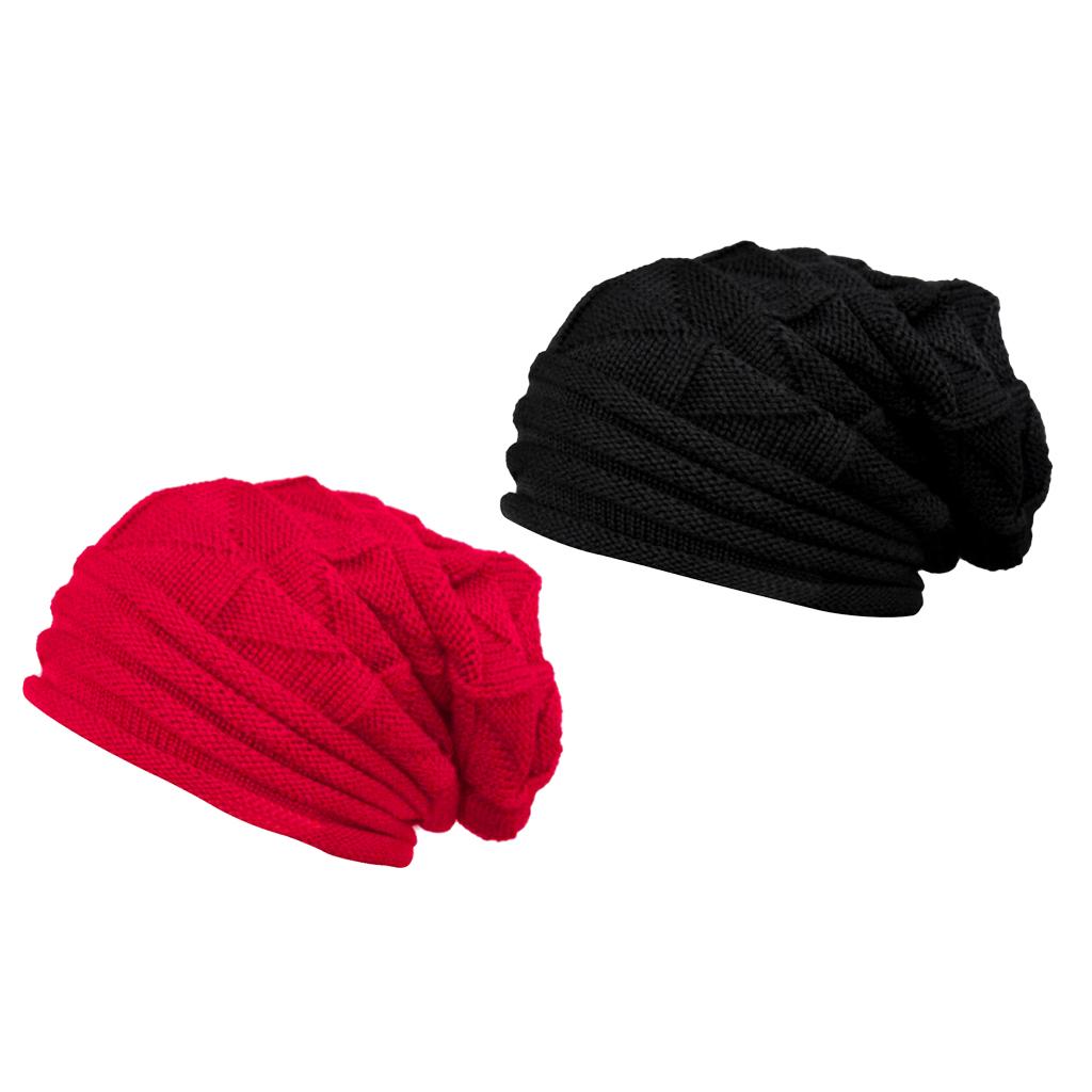 2x Unisex Winter Knitting Wool Warm Beanie Hat Stretch Cuffed Skull Ski Caps