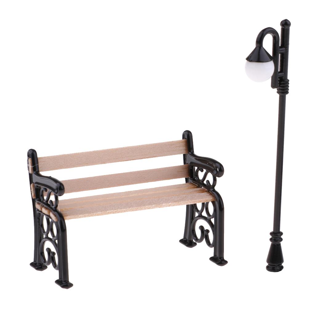 2pcs 1/12 Dollhouse Miniature Garden Patio Kits Wooden Bench & Street Lamp