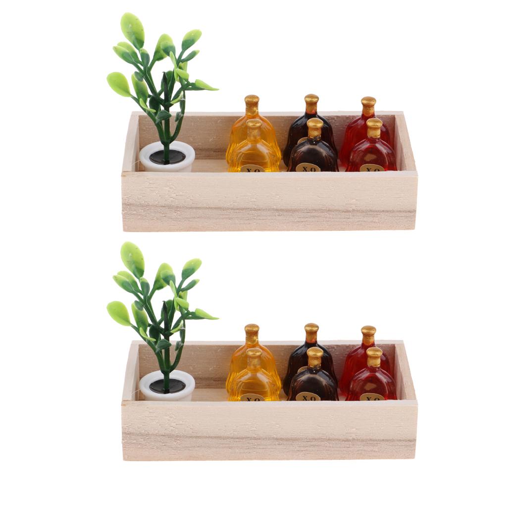 1/12 Dollhouse Mini Wooden Box Green Plants X.O Wine Bottles Scene Model