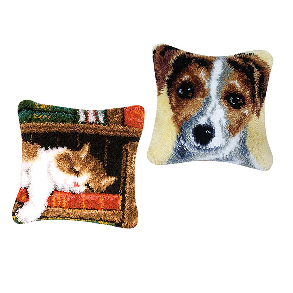 2 Sets Cushion Latch Hook Kits for Beginner Dog & Cat Pattern Embroidery