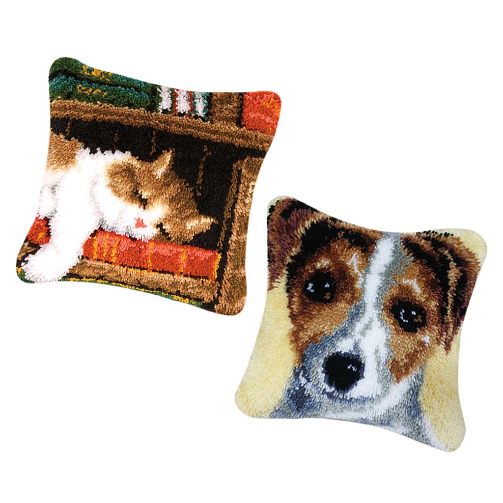 2 Sets Cushion Latch Hook Kits for Beginner Dog & Cat Pattern Embroidery