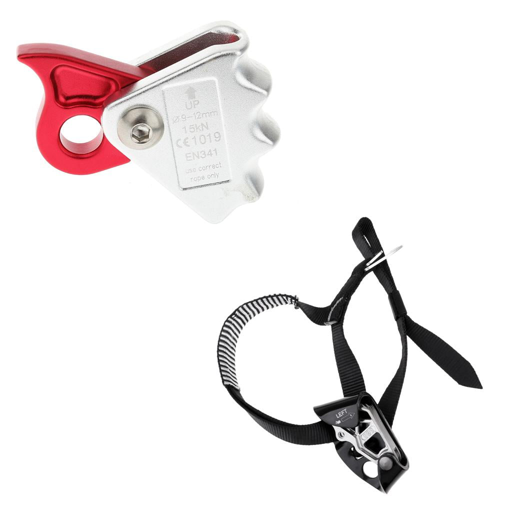 2pcs Rock Climbing Left Foot Ascender + 15KN Rope Grab Protecta Red Black