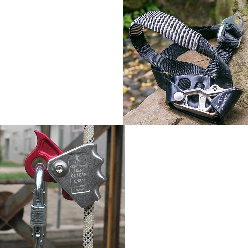 2pcs Rock Climbing Left Foot Ascender + 15KN Rope Grab Protecta Red Black