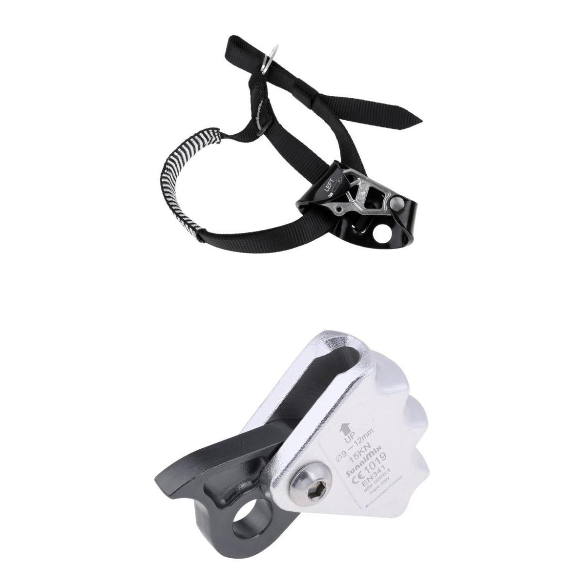 2pcs Rock Climbing Left Foot Ascender + 15KN Rope Grab Protecta Gray Black