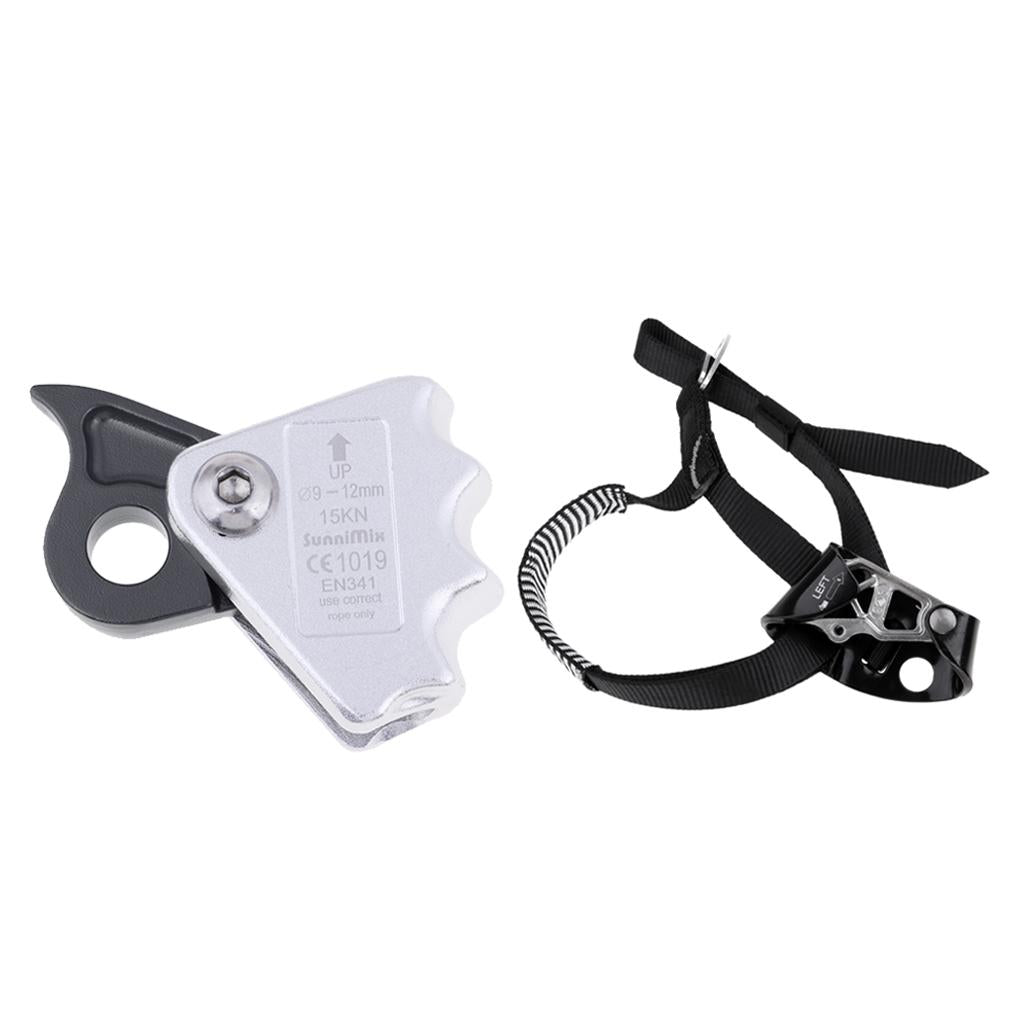 2pcs Rock Climbing Left Foot Ascender + 15KN Rope Grab Protecta Gray Black