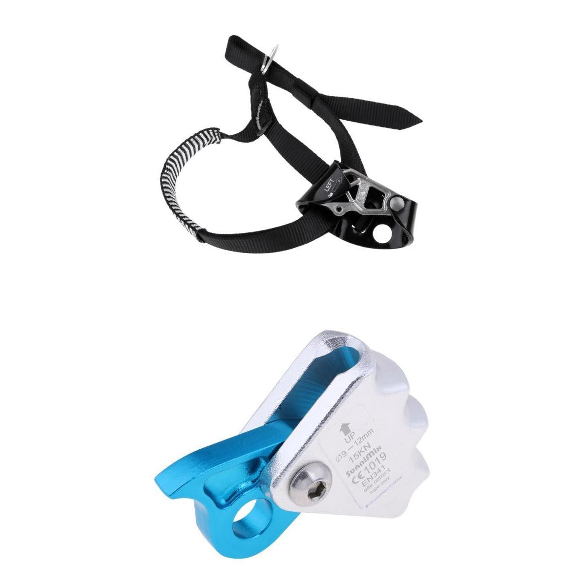 2pcs Rock Climbing Left Foot Ascender + 15KN Rope Grab Protecta Blue Black
