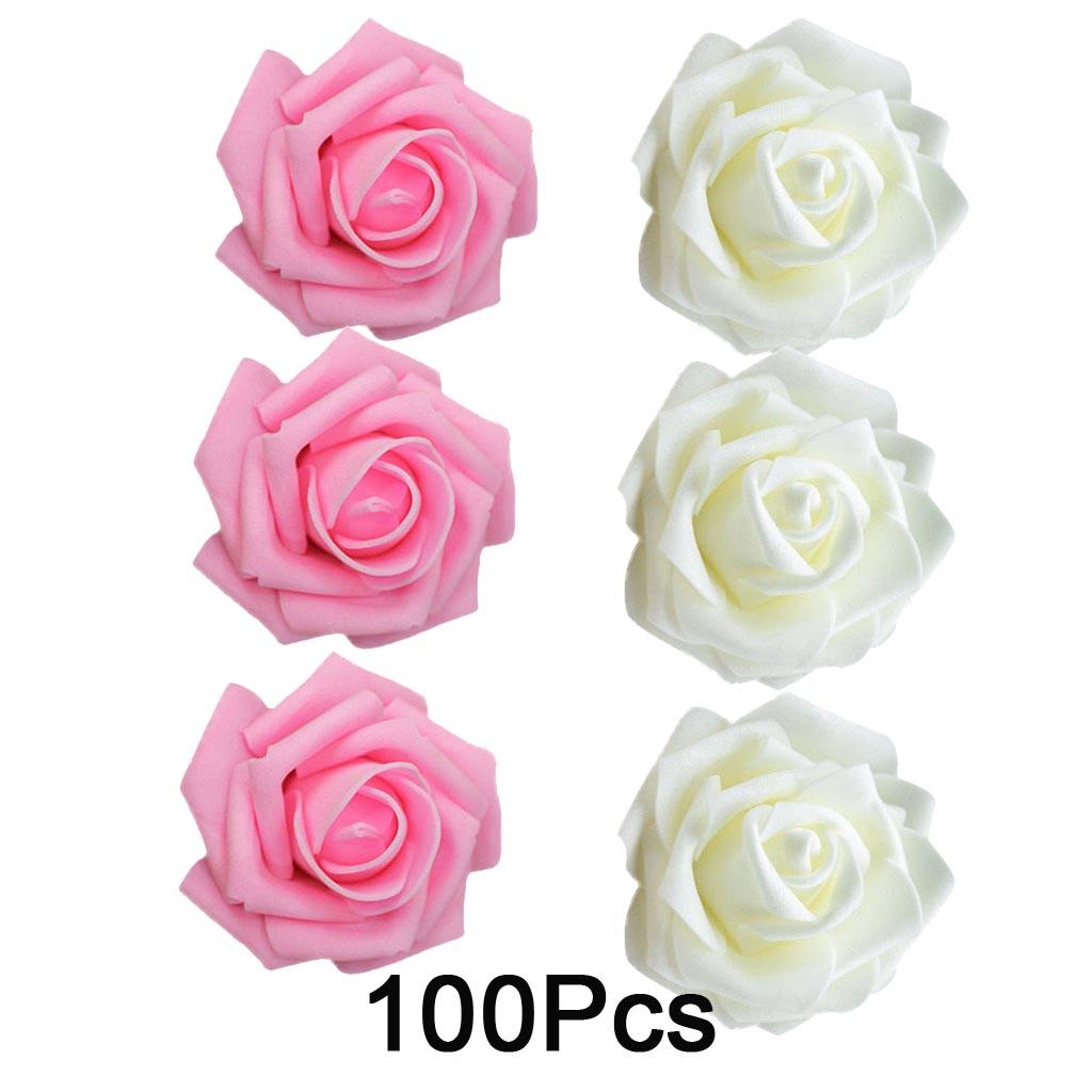 100Pcs Pink &White Foam Rose Heads Artificial Flower Bridal Bouquet