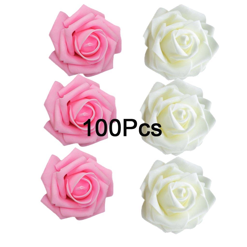 100Pcs Pink &White Foam Rose Heads Artificial Flower Bridal Bouquet