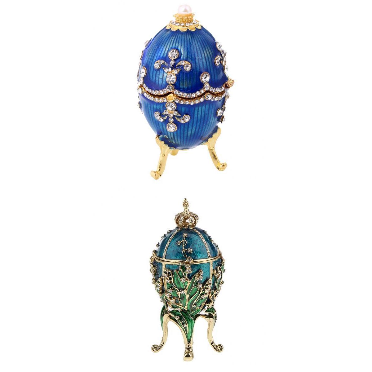 2Pcs Enamel Faberge Easter Egg Jewelry Box Wedding Ring Storage Container