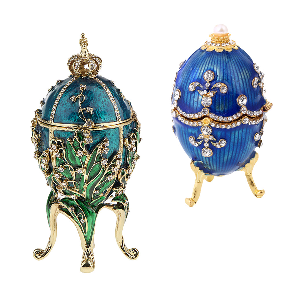 2Pcs Enamel Faberge Easter Egg Jewelry Box Wedding Ring Storage Container