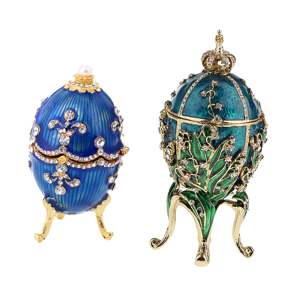2Pcs Enamel Faberge Easter Egg Jewelry Box Wedding Ring Storage Container