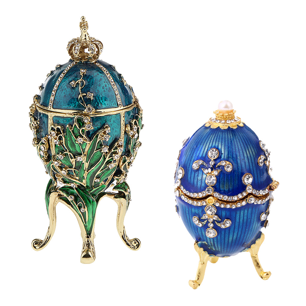 2Pcs Enamel Faberge Easter Egg Jewelry Box Wedding Ring Storage Container