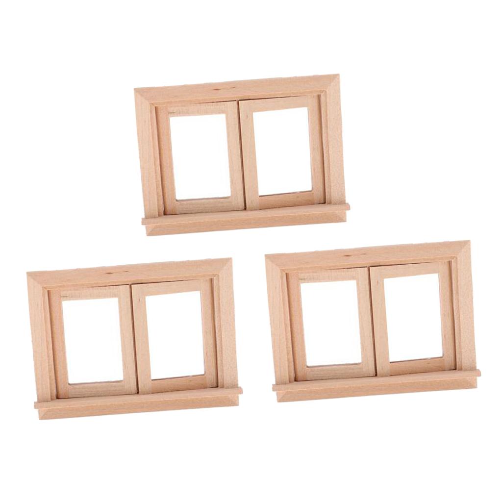 3 Set 1/12 Dollhouse Miniature Unpainted Wooden 2-Pane Window Frame DIY