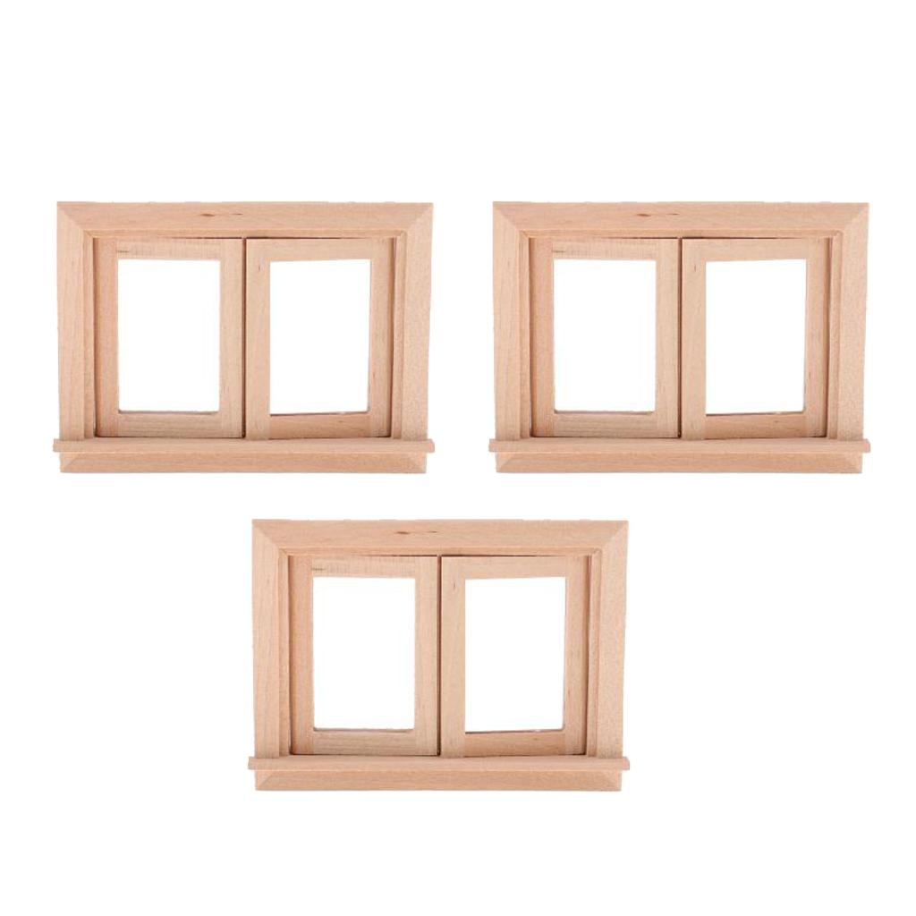 3 Set 1/12 Dollhouse Miniature Unpainted Wooden 2-Pane Window Frame DIY