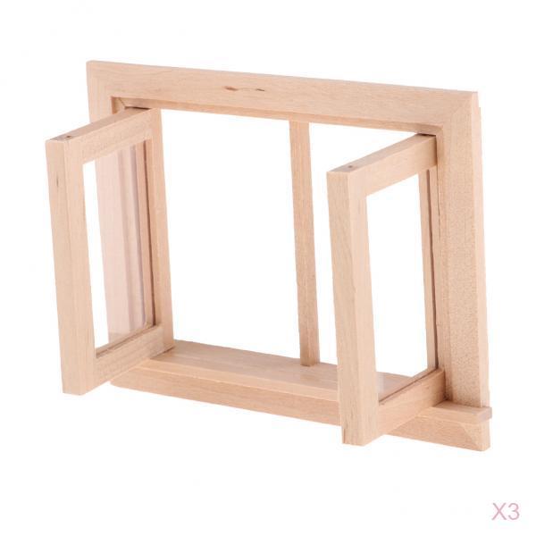 3 Set 1/12 Dollhouse Miniature Unpainted Wooden 2-Pane Window Frame DIY