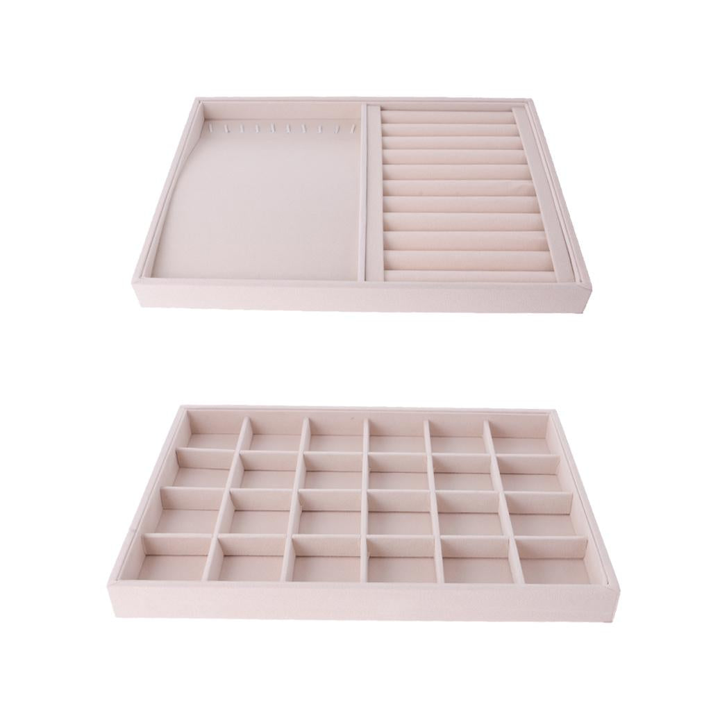 2 Pieces Ring Earrings Necklace Jewelry Display Organizer Box Showcase Tray