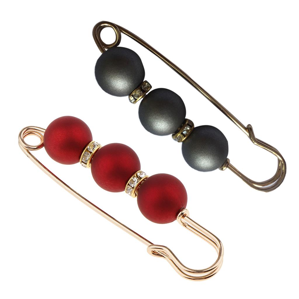 2 Pieces Lady Girls Pearls Rhinestone Spacer Beads Safety Pin Scarf Clip