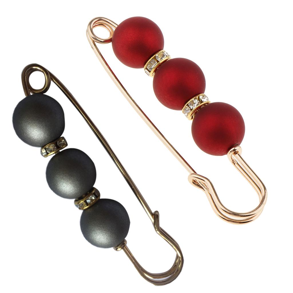 2 Pieces Lady Girls Pearls Rhinestone Spacer Beads Safety Pin Scarf Clip