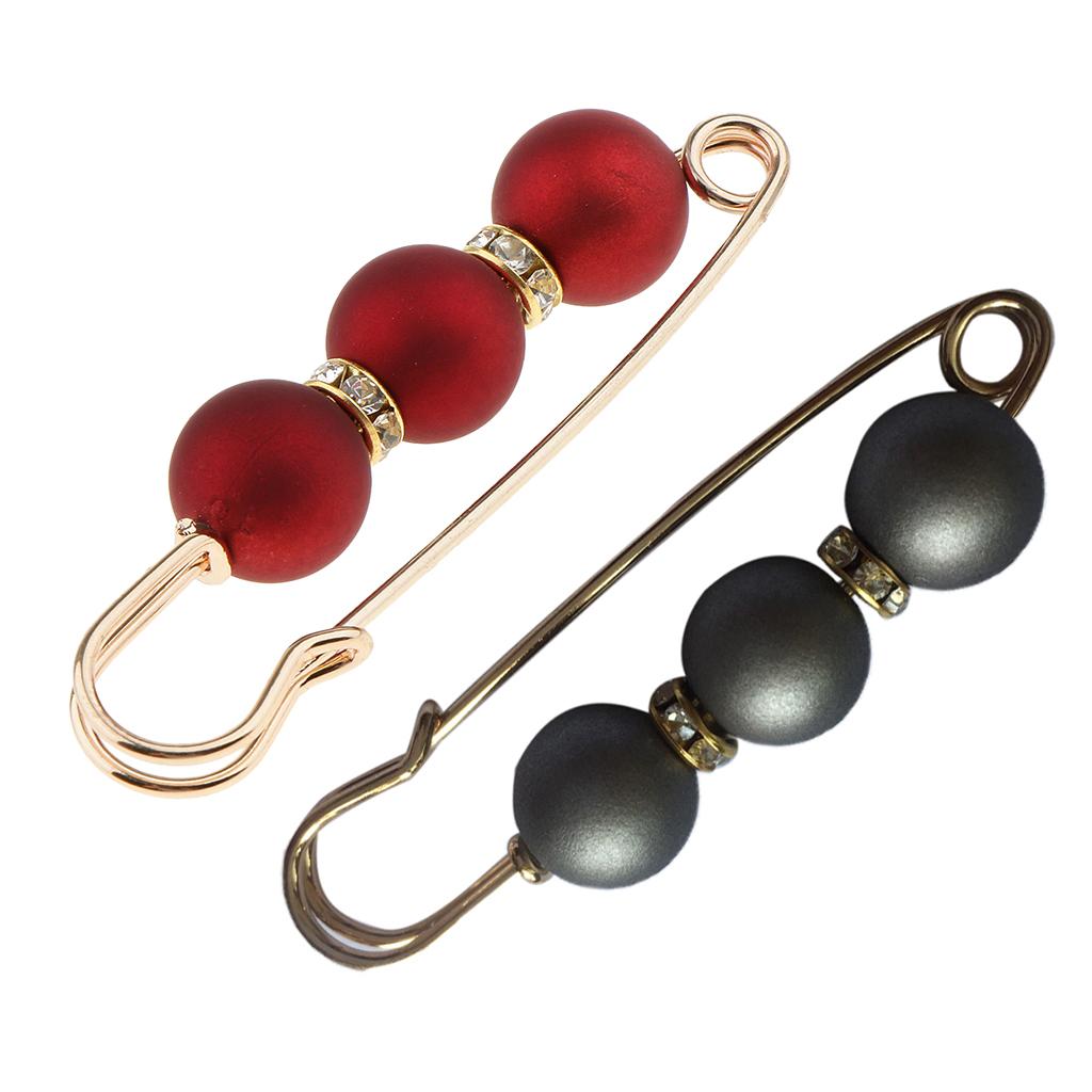2 Pieces Lady Girls Pearls Rhinestone Spacer Beads Safety Pin Scarf Clip