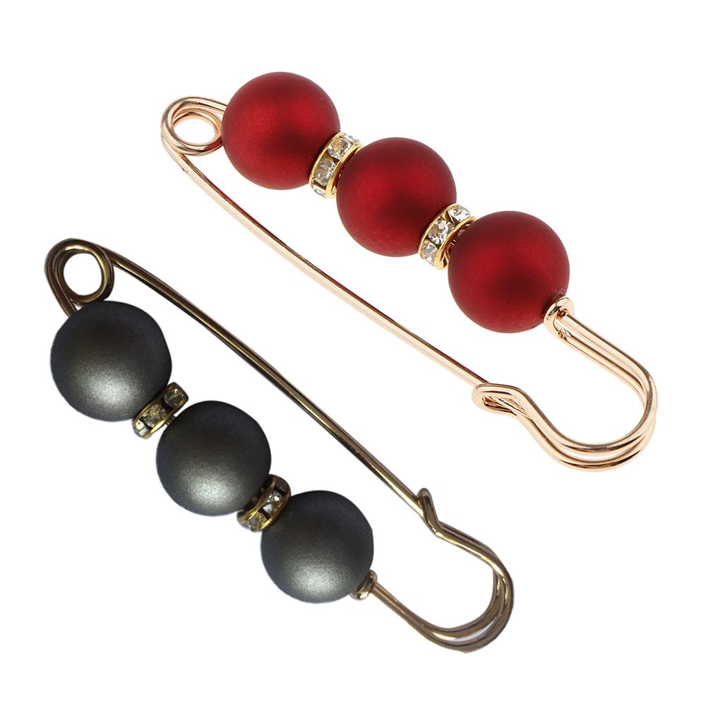 2 Pieces Lady Girls Pearls Rhinestone Spacer Beads Safety Pin Scarf Clip