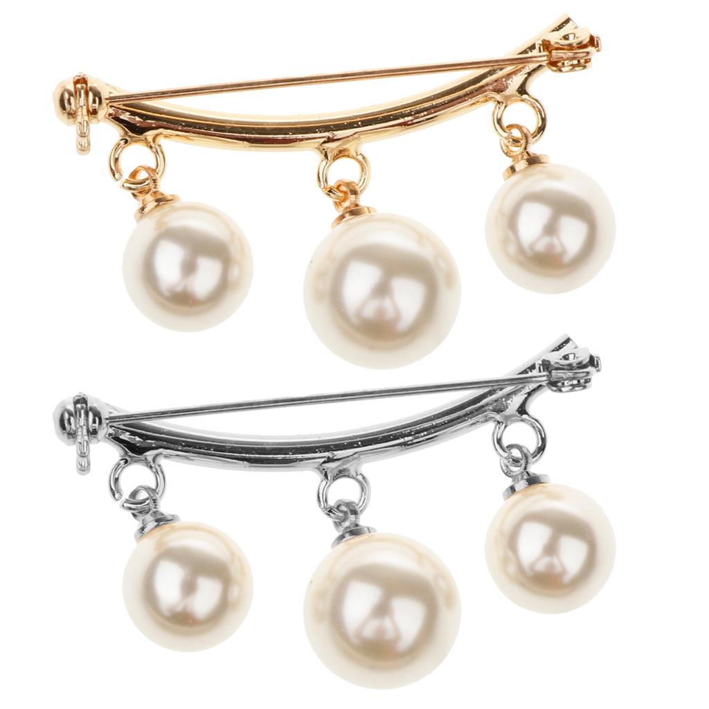 2 Pieces Imitation Pearl Dangle Arc-shaped Safety Pin Collor Badge Brooch